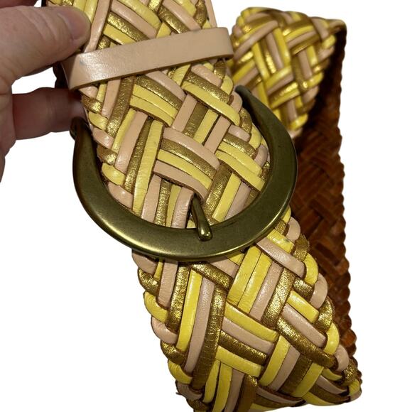 Linea Pella Multistrand braided leather belt wide beige nude yellow gold size L